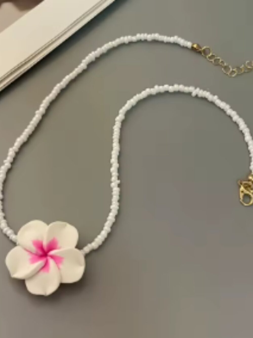 Pink and White Hawaii Flower and Bead Choker Necklace